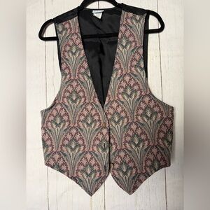Vintage 90s Bali Chic tapestry Vest Large Print Satin Black Cinched